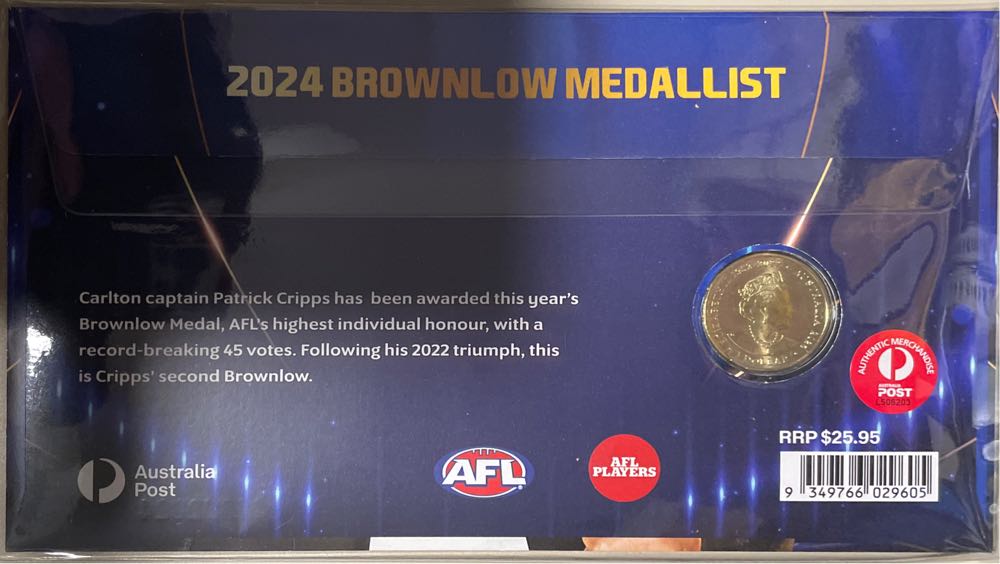 Brownlow Medallist Patrick Cripps Carlton◉limited Ed Medallion◉1399 ◉  stamp collectible [Barcode 9349766029605] - Main Image 2