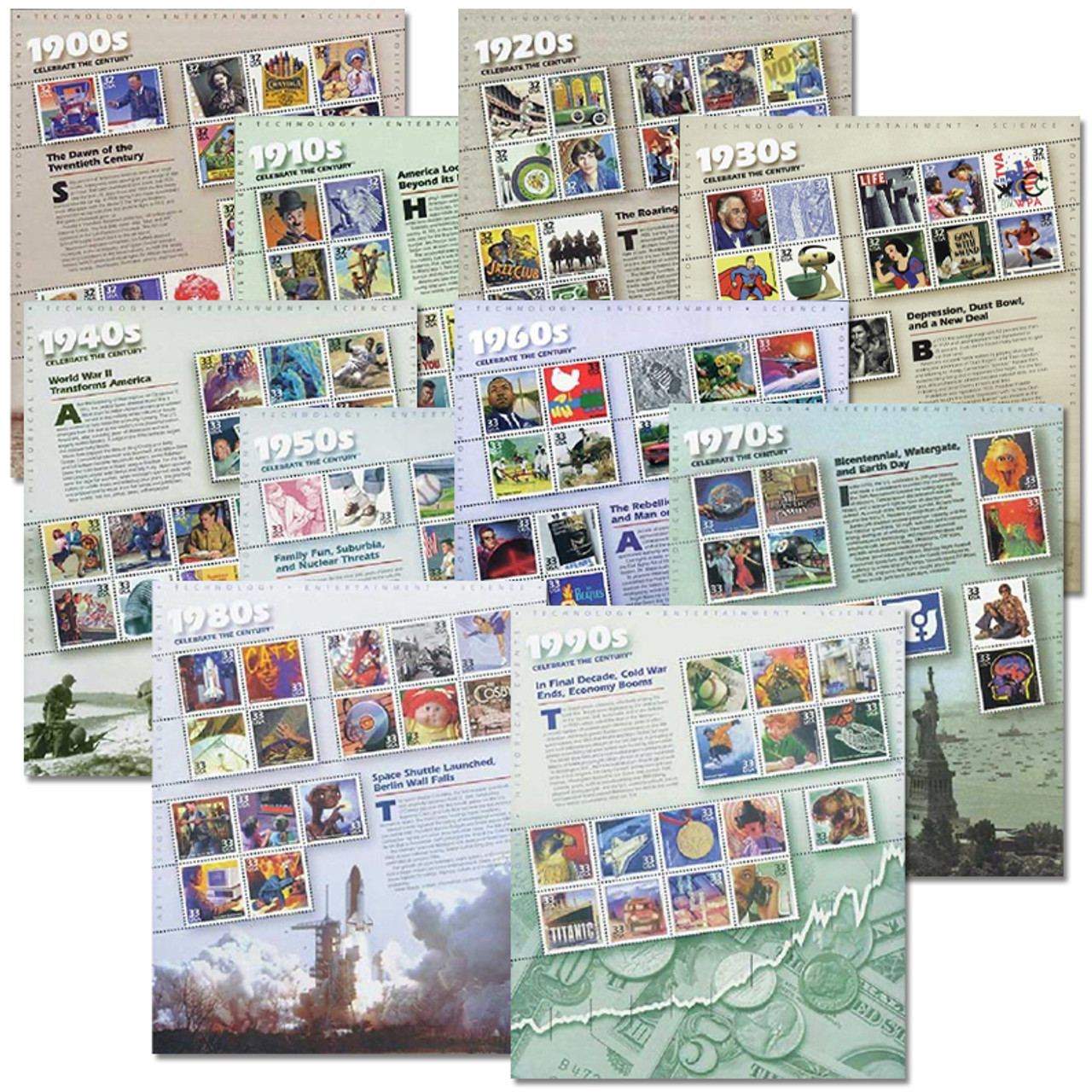 Celebrate the Century Complete Series 1900-1990, Scott 3182-3191  stamp collectible - Main Image 2