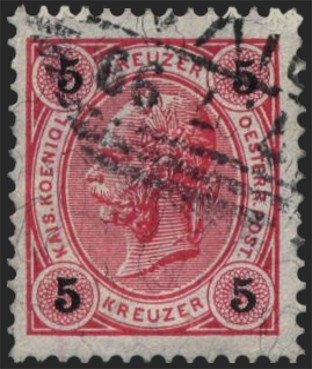 Overprinted in gold with serif font