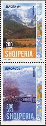 European Union flag and Albanian coat of arms