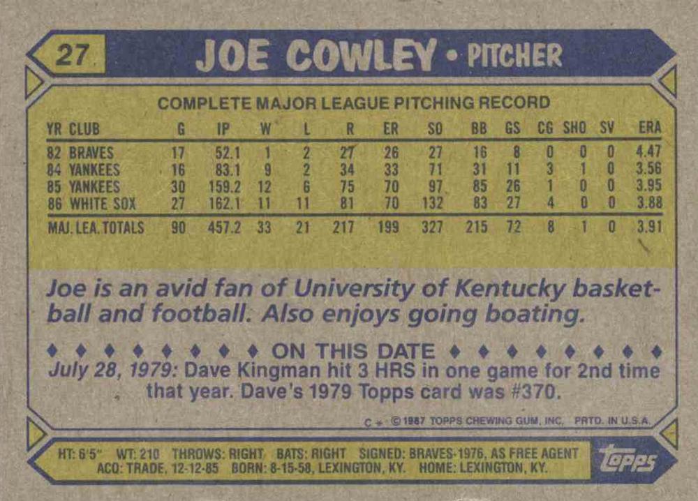 Joe Cowley  baseball card collectible - Main Image 2