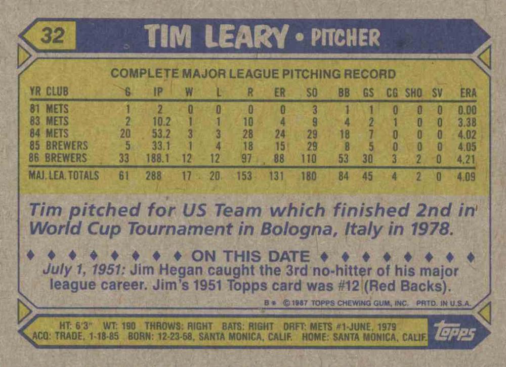 Tim Leary  baseball card collectible - Main Image 2