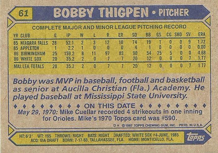 Bobby Thigpen  baseball card collectible - Main Image 2