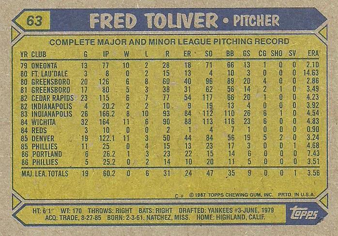 Fred Toliver  baseball card collectible - Main Image 2