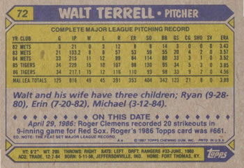 Walt Terrell  baseball card collectible - Main Image 2