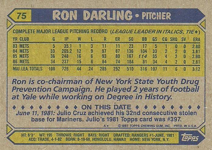 Ron Darling  baseball card collectible - Main Image 2