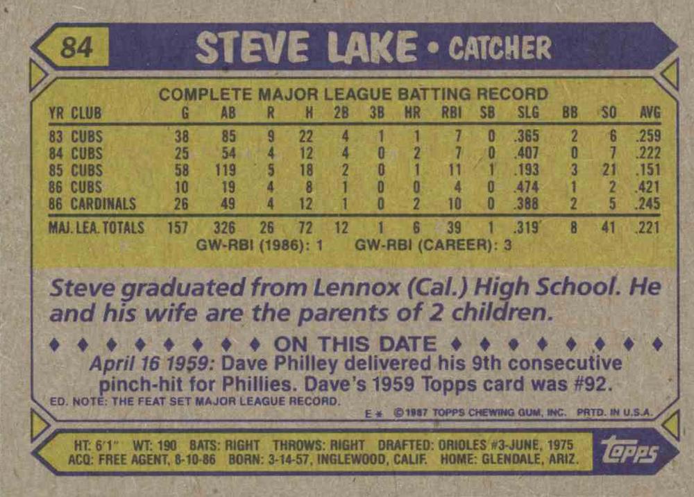 Steve Lake  baseball card collectible - Main Image 2