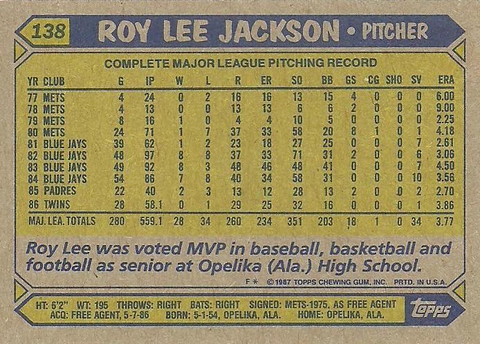 Roy Lee Jackson  baseball card collectible - Main Image 2