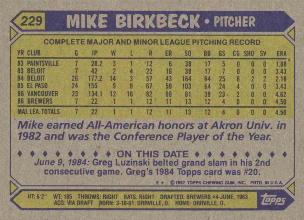 Mike Birkbeck  baseball card collectible - Main Image 2
