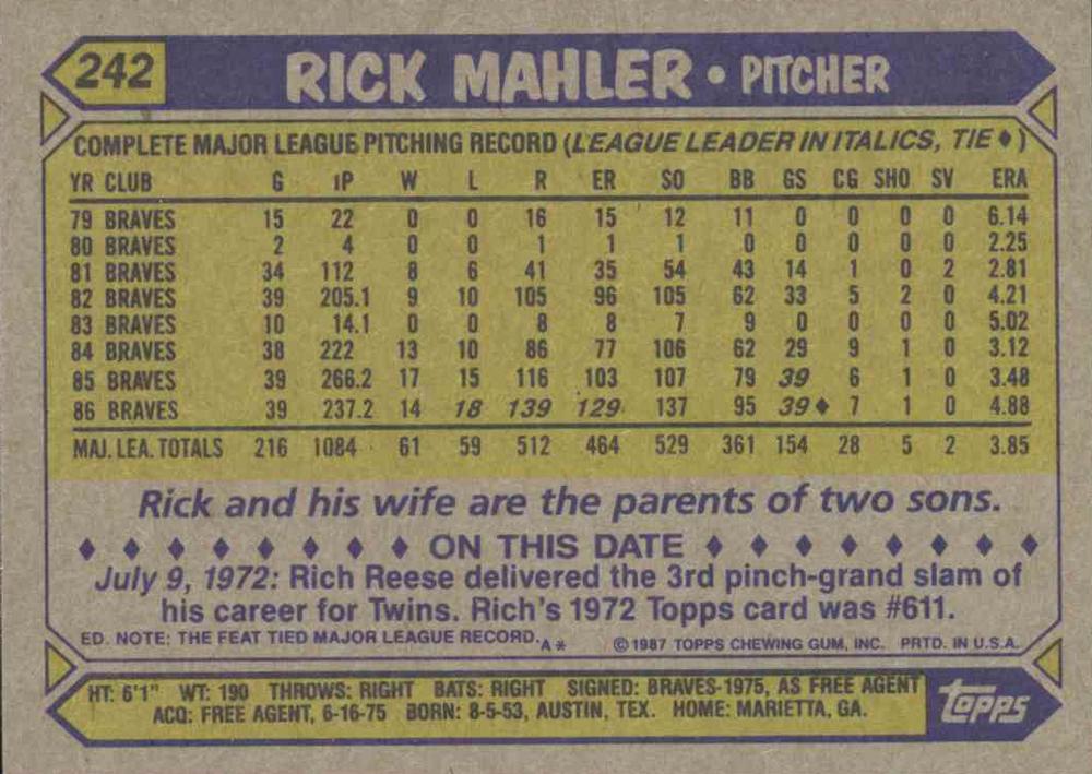 Rick Mahler  baseball card collectible - Main Image 2