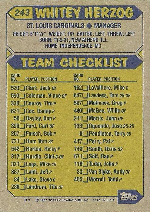 Whitey Herzog  baseball card collectible - Main Image 2