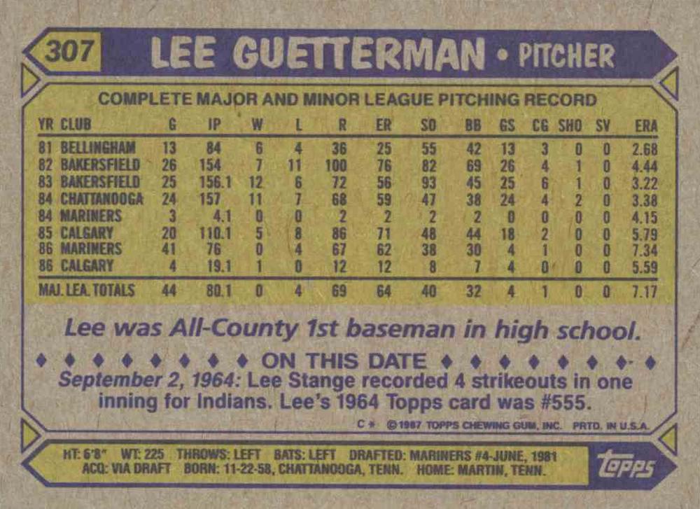 Lee Guetterman  baseball card collectible - Main Image 2