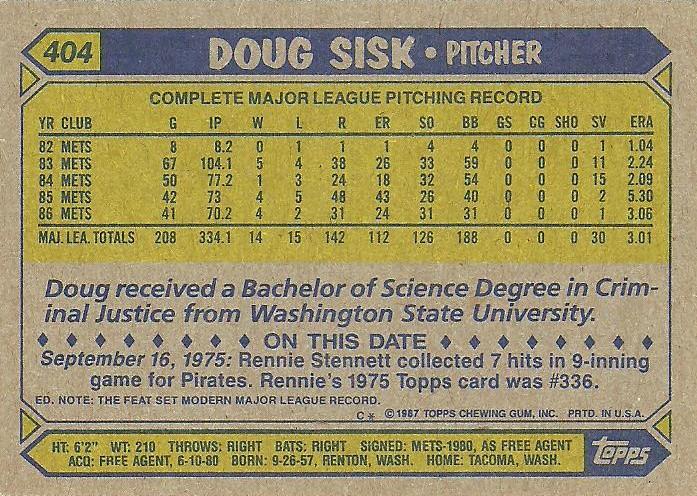 Doug Sisk  baseball card collectible - Main Image 2