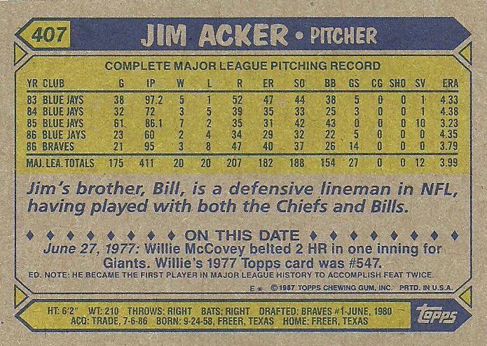 Jim Acker  baseball card collectible - Main Image 2