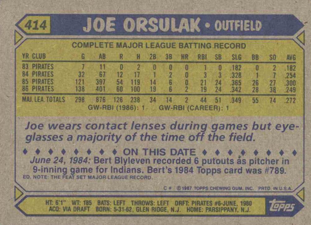 Joe Orsulak  baseball card collectible - Main Image 2