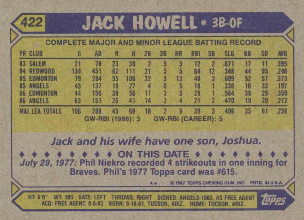Jack Howell  baseball card collectible - Main Image 2