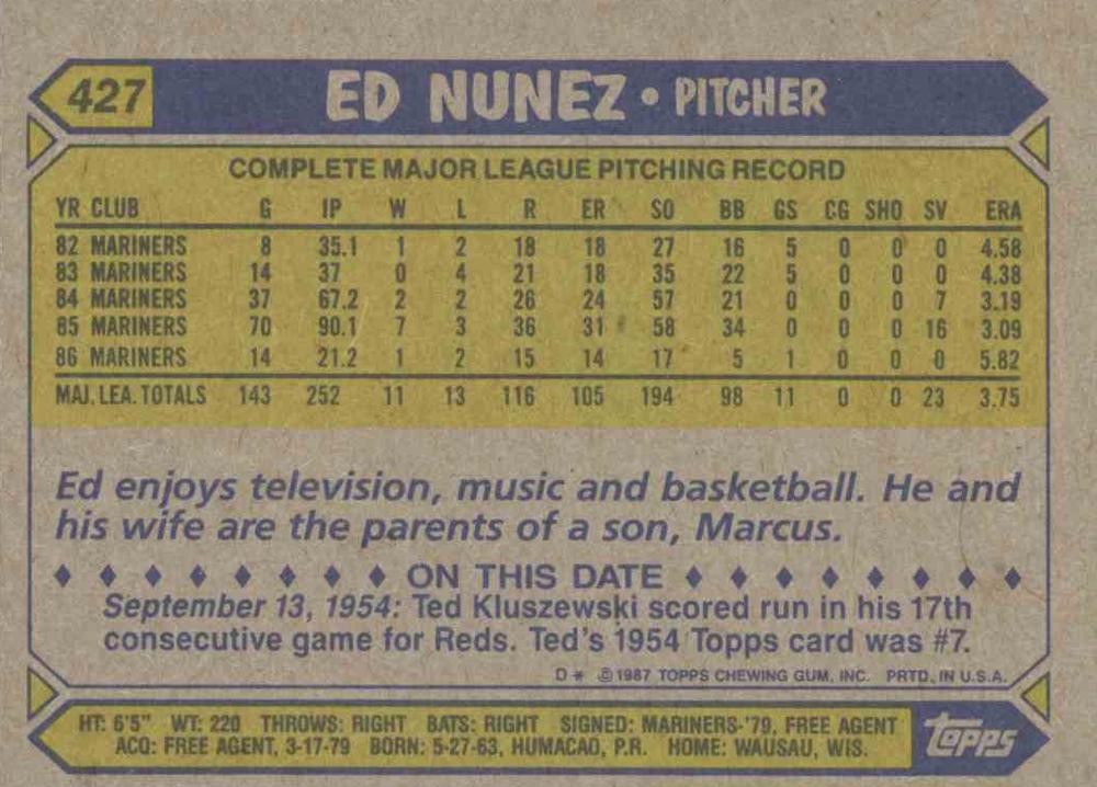 Ed Nunez  baseball card collectible - Main Image 2