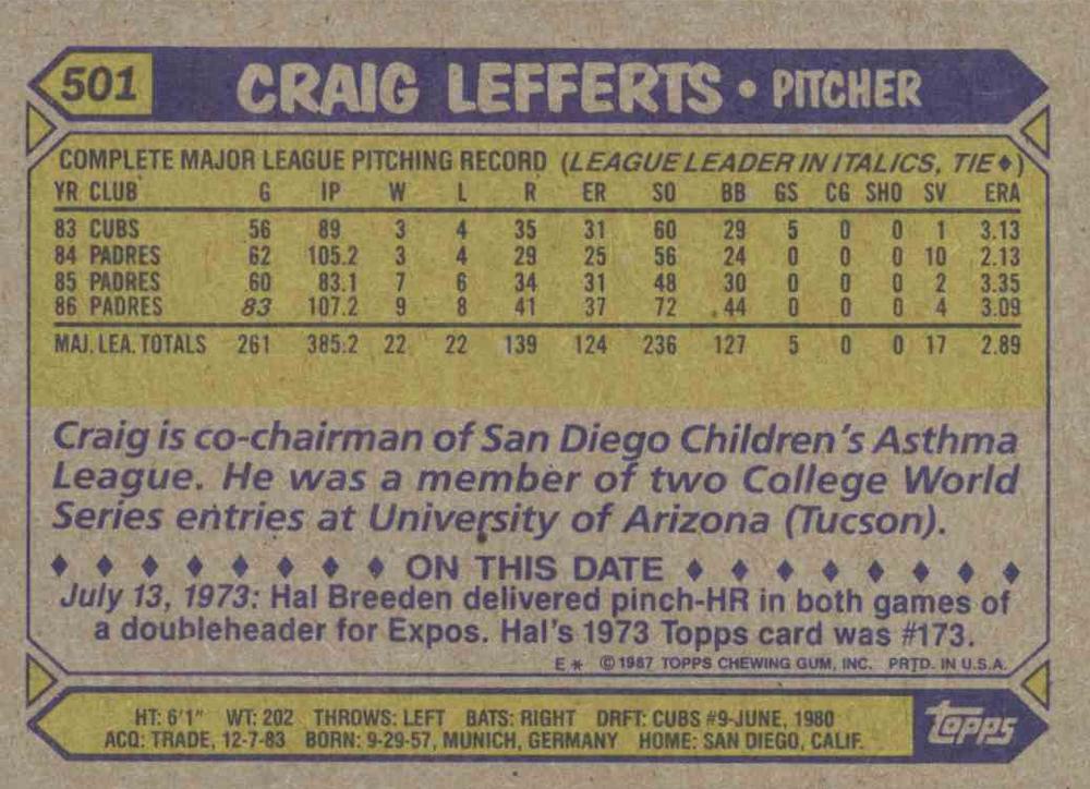 Craig Lefferts  baseball card collectible - Main Image 2