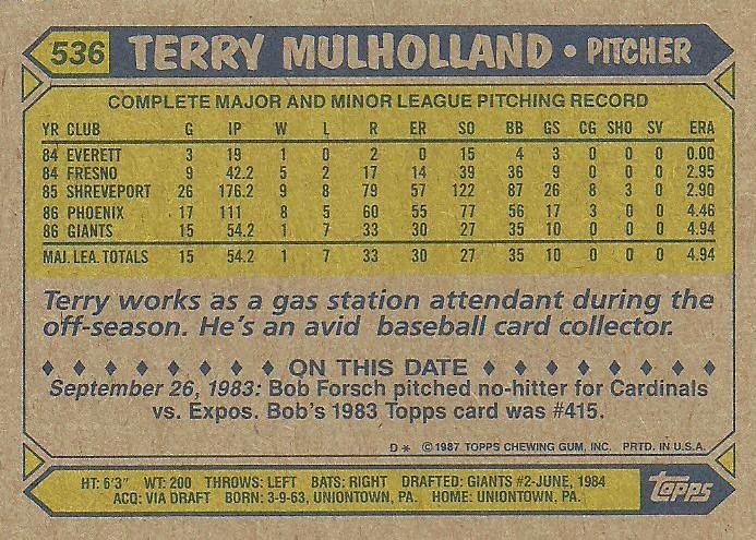 Terry Mulholland  baseball card collectible - Main Image 2