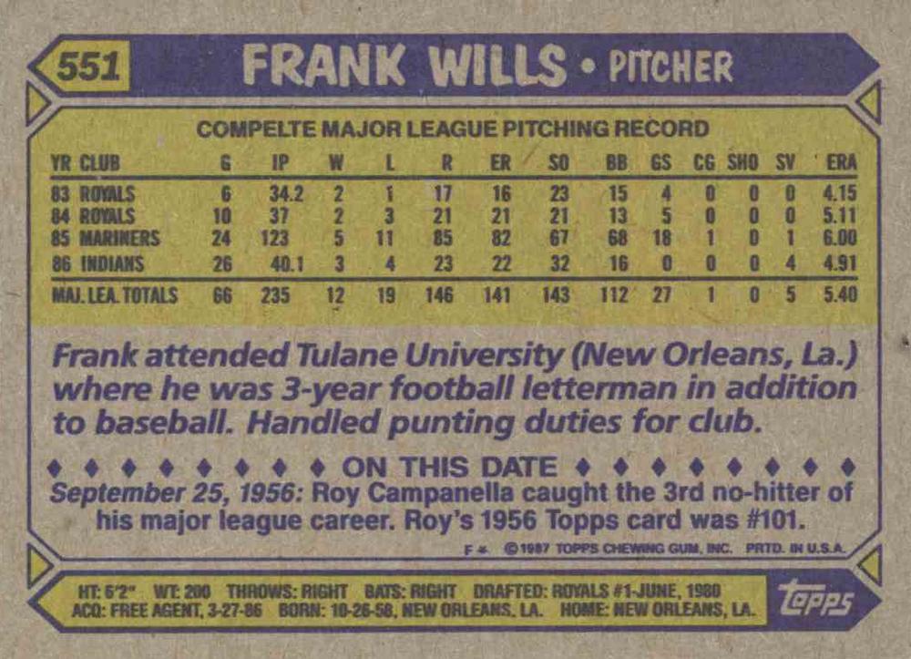 Frank Wills  baseball card collectible - Main Image 2
