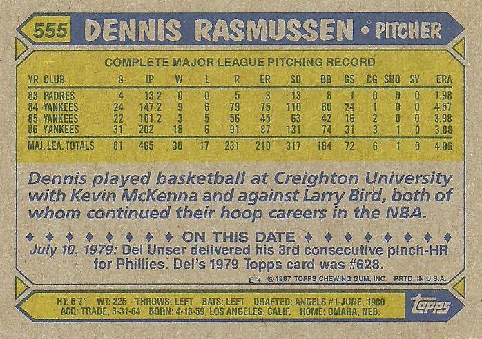 Dennis Rasmussen  baseball card collectible - Main Image 2
