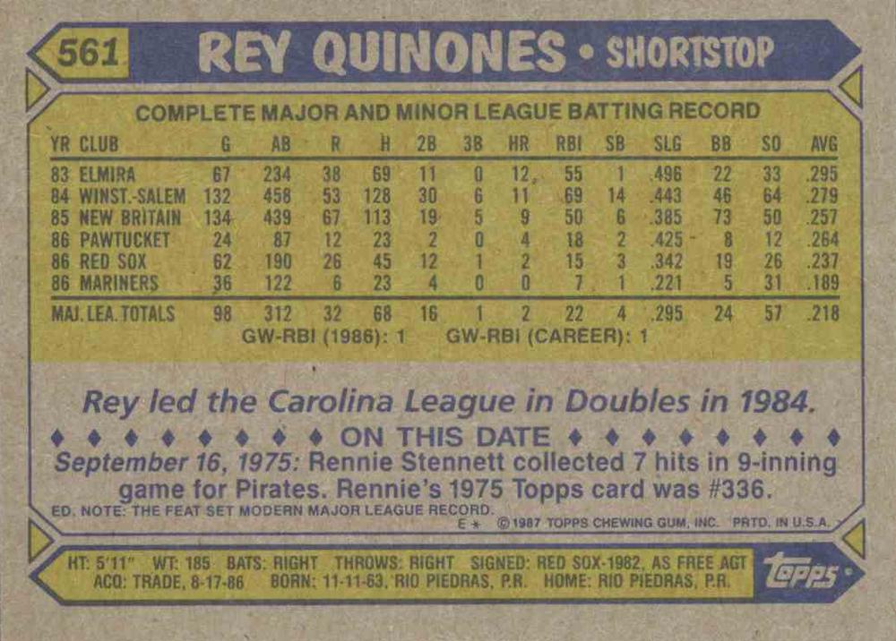 Rey Quinones  baseball card collectible - Main Image 2