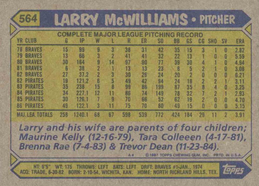 Larry McWilliams  baseball card collectible - Main Image 2