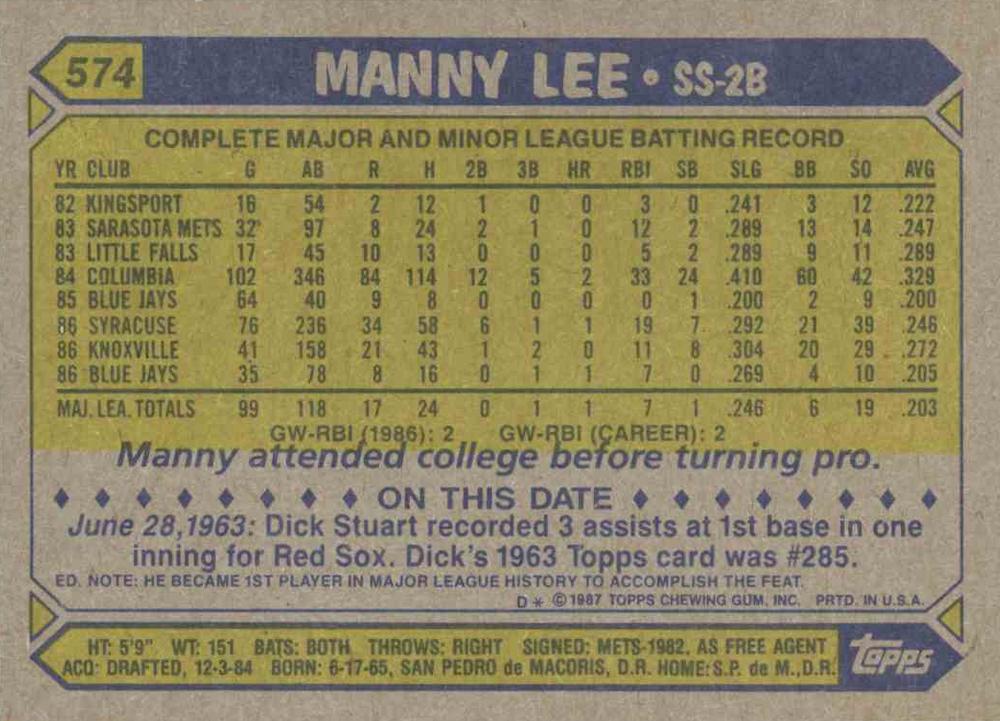 Manny Lee  baseball card collectible - Main Image 2