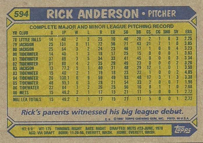Rick Anderson  baseball card collectible - Main Image 2