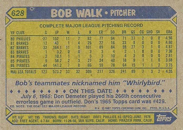 Bob Walk  baseball card collectible - Main Image 2