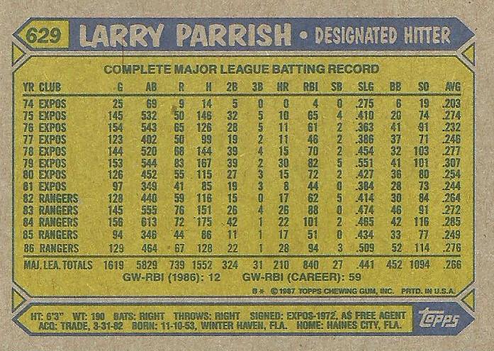 Larry Parrish  baseball card collectible - Main Image 2