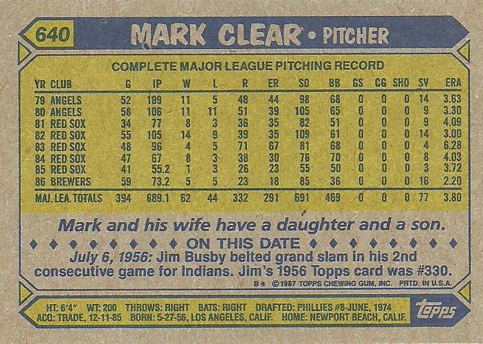 Mark Clear  baseball card collectible - Main Image 2