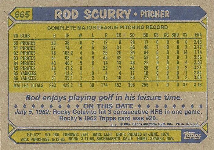 Rod Scurry  baseball card collectible - Main Image 2