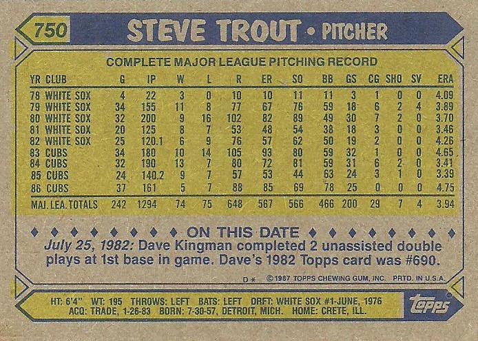 Steve Trout  baseball card collectible - Main Image 2