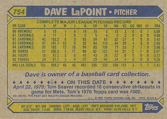Dave LaPoint  baseball card collectible - Main Image 2