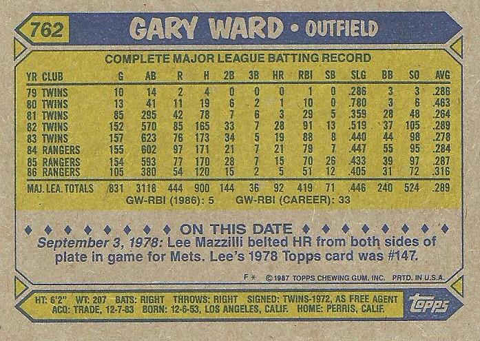 Gary Ward  baseball card collectible - Main Image 2