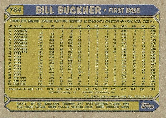 Bill Buckner  baseball card collectible - Main Image 2