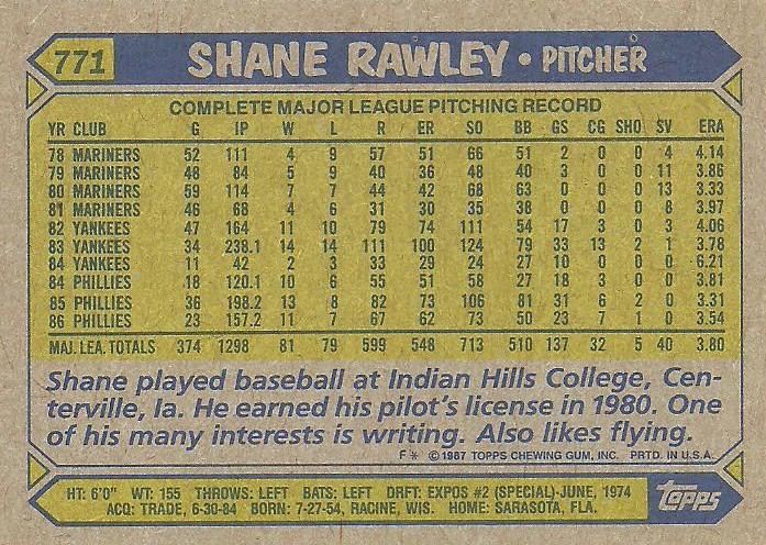 Shane Rawley  baseball card collectible - Main Image 2