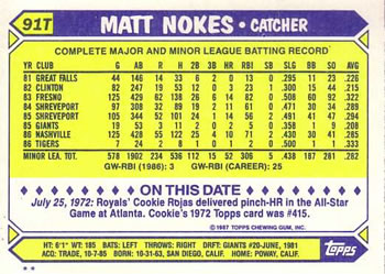 Matt Nokes  baseball card collectible - Main Image 2
