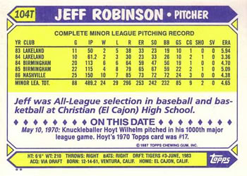 Jeff Robinson  baseball card collectible - Main Image 2