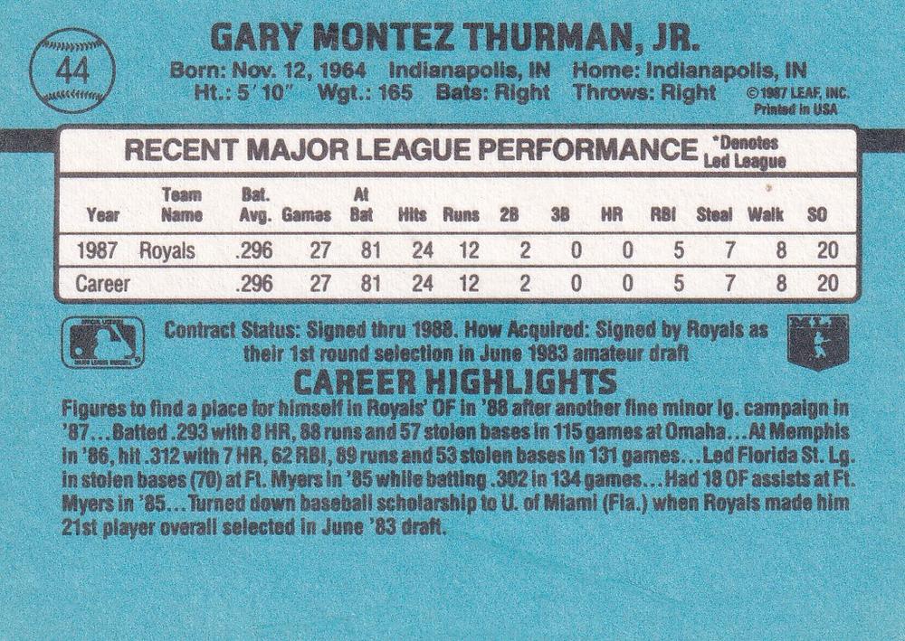 Gary Thurman  baseball card collectible - Main Image 2