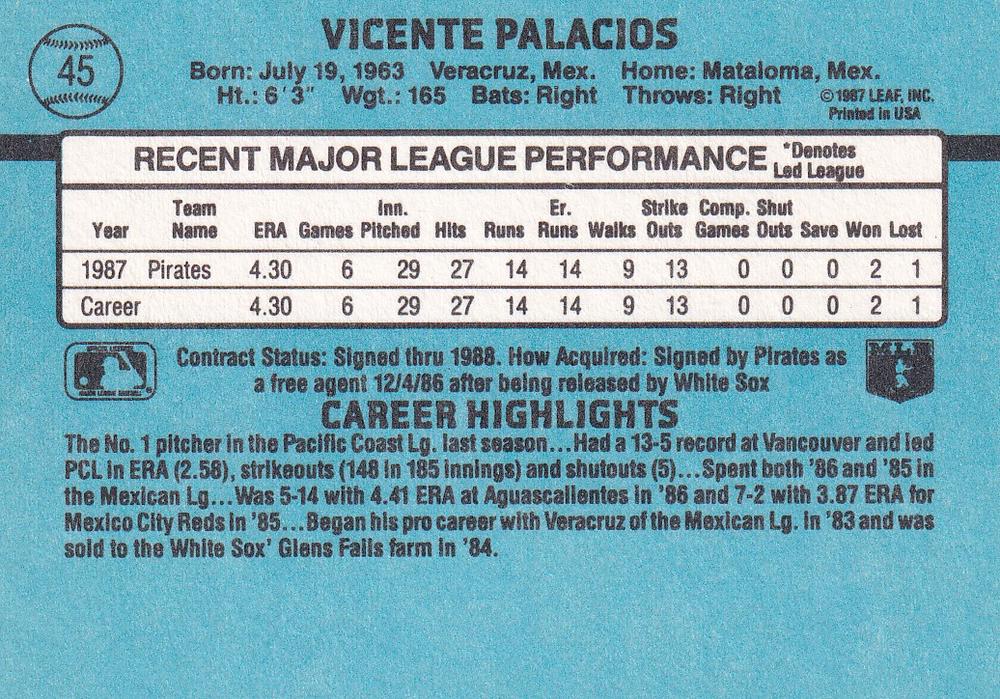 Vicente Palacios  baseball card collectible - Main Image 2