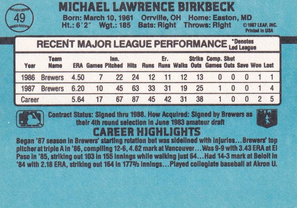Mike Birkbeck  baseball card collectible - Main Image 2