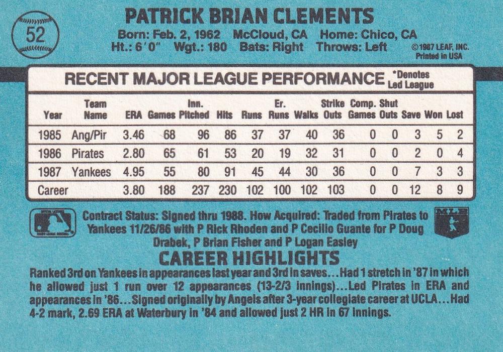 Pat Clements  baseball card collectible - Main Image 2