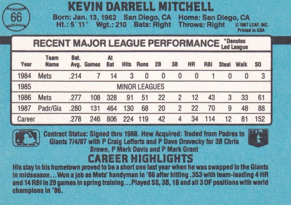 Kevin Mitchell  baseball card collectible - Main Image 2
