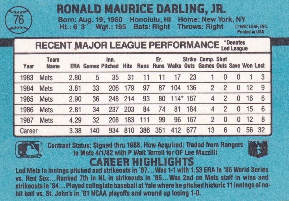 Ron Darling  baseball card collectible - Main Image 2