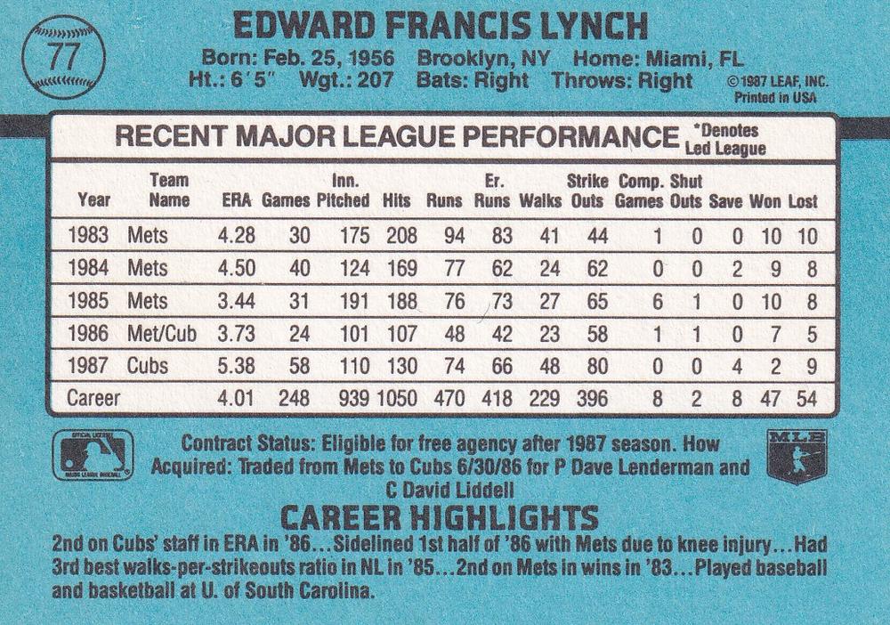 Ed Lynch  baseball card collectible - Main Image 2