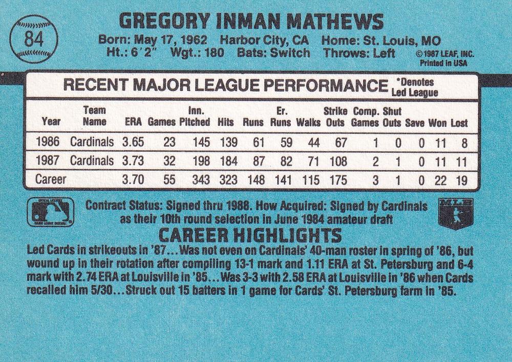 Greg Mathews  baseball card collectible - Main Image 2
