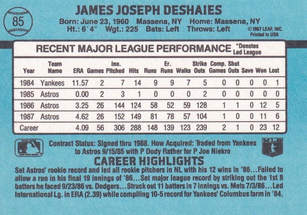 Jim Deshaies  baseball card collectible - Main Image 2