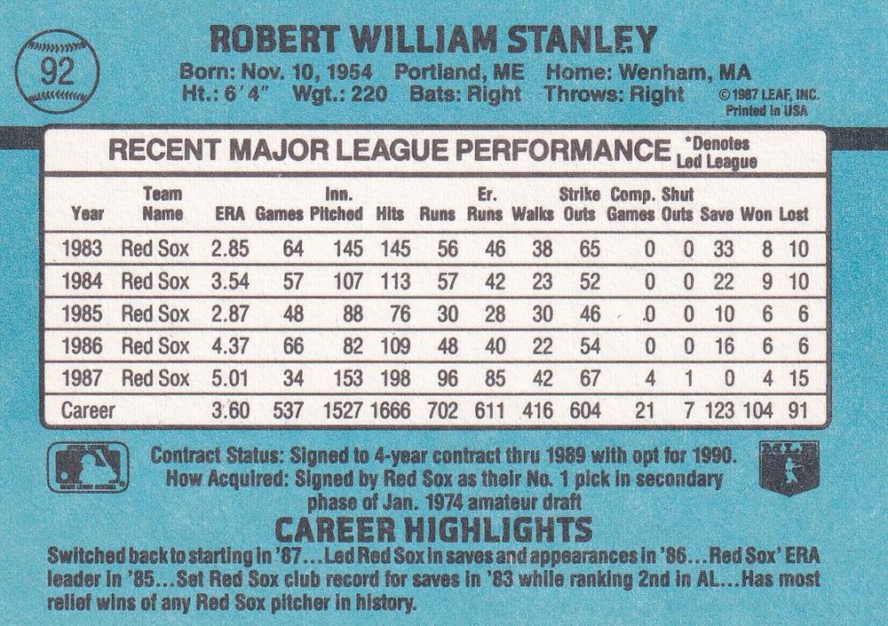Bob Stanley  baseball card collectible - Main Image 2